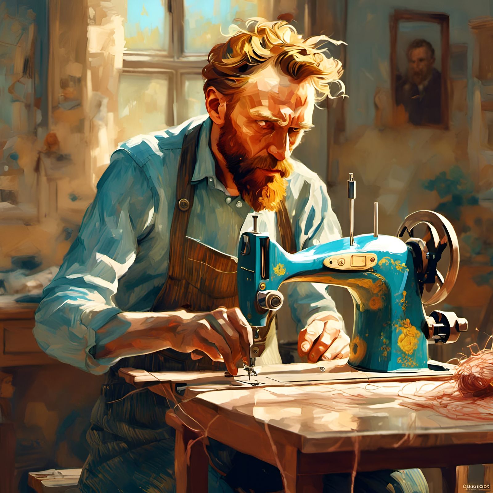 Van Gogh Sewing: A Digital Portrait Illustration