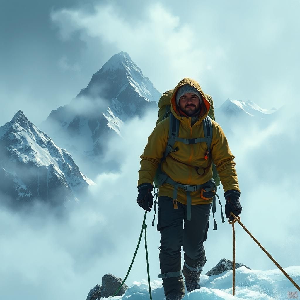 Mountain Climber in Rugged Landscape, Expressive Brushstroke...