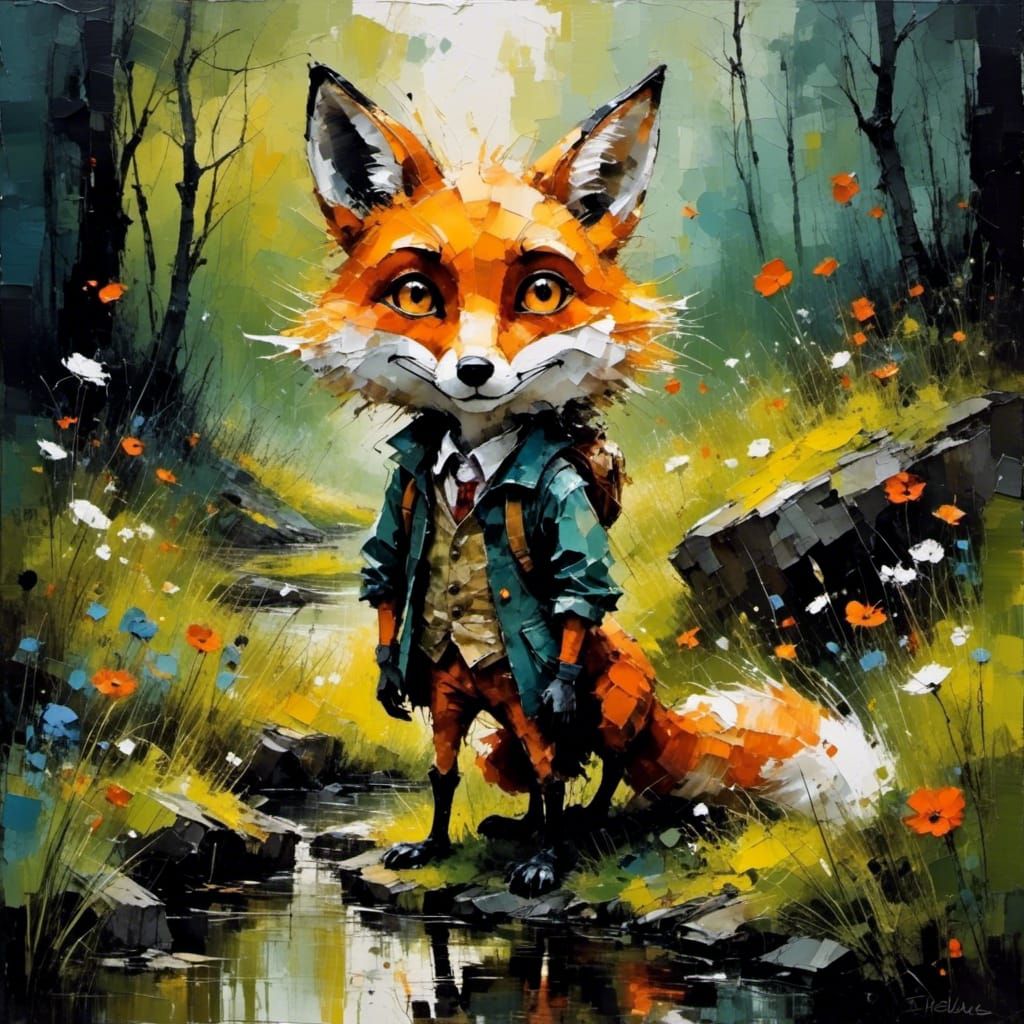 Impressionist Fox with Glittering Eyes in Meadow