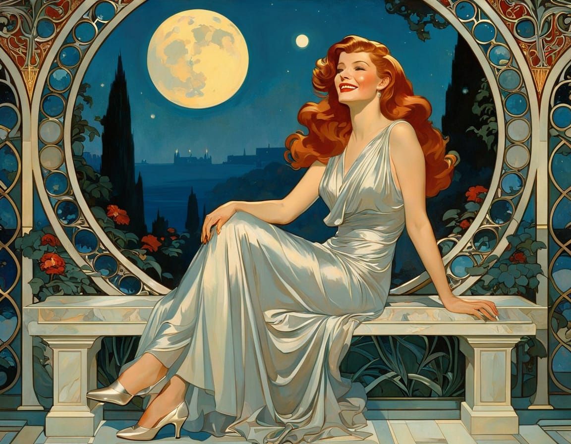 Glamorous Woman in a Moonlit Art Deco Garden