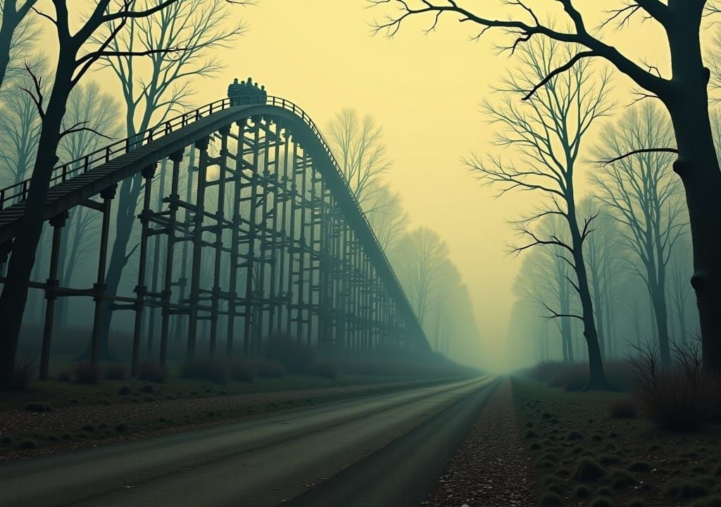 Surreal Rollercoaster Through Misty Forest