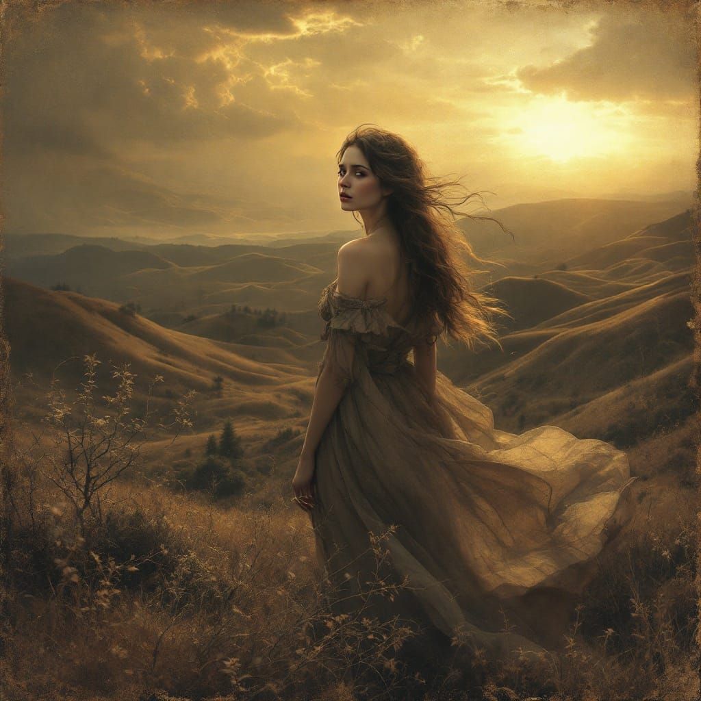 Melancholy Woman in Antique Fantasy Landscape