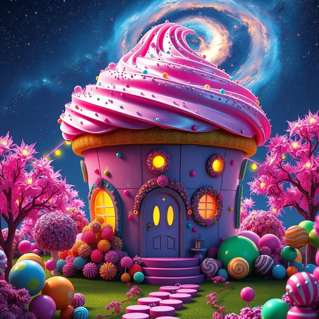 Whimsical Cupcake House in Vibrant, Surreal Colors