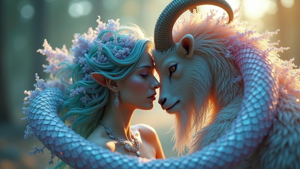 Serpentine Woman and Goat in Loving Embrace