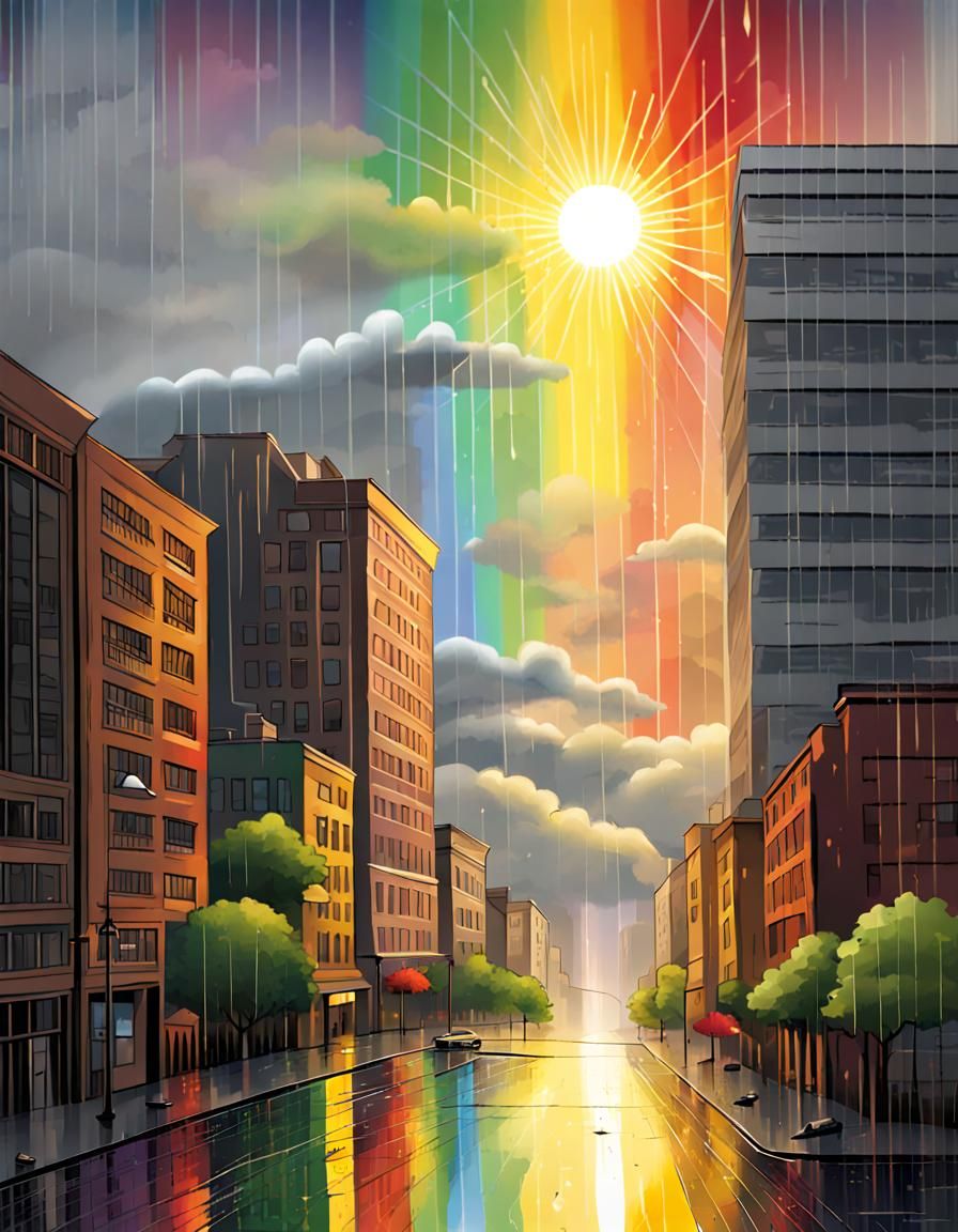 Rainbow Over Somber Cityscape in Rain and Sun