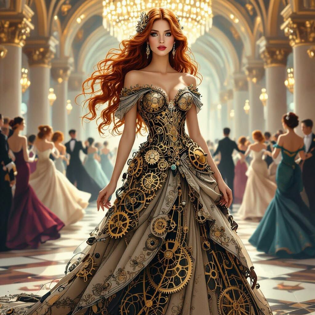 Clockwork Woman in Grand Ballroom, Art Nouveau Style