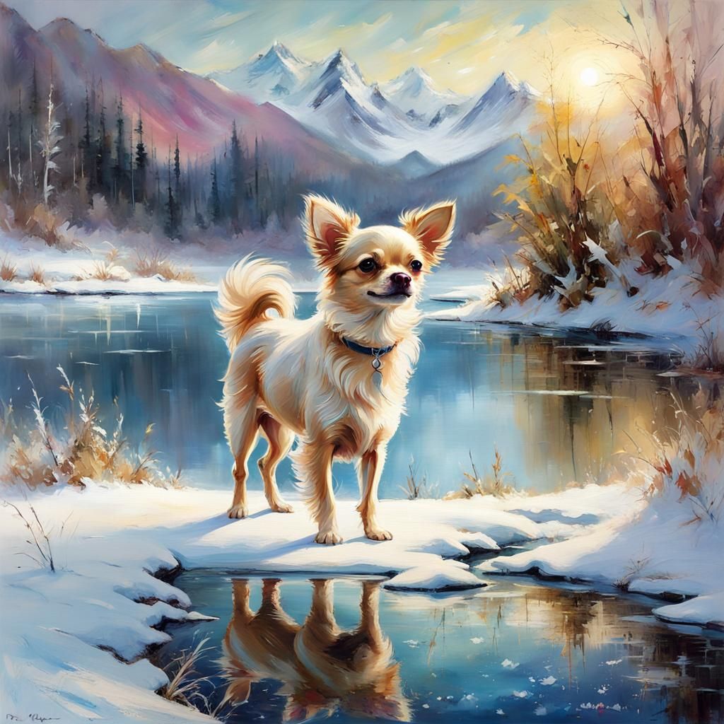 Chihuahua on Frozen Lake in Winter Landscape
