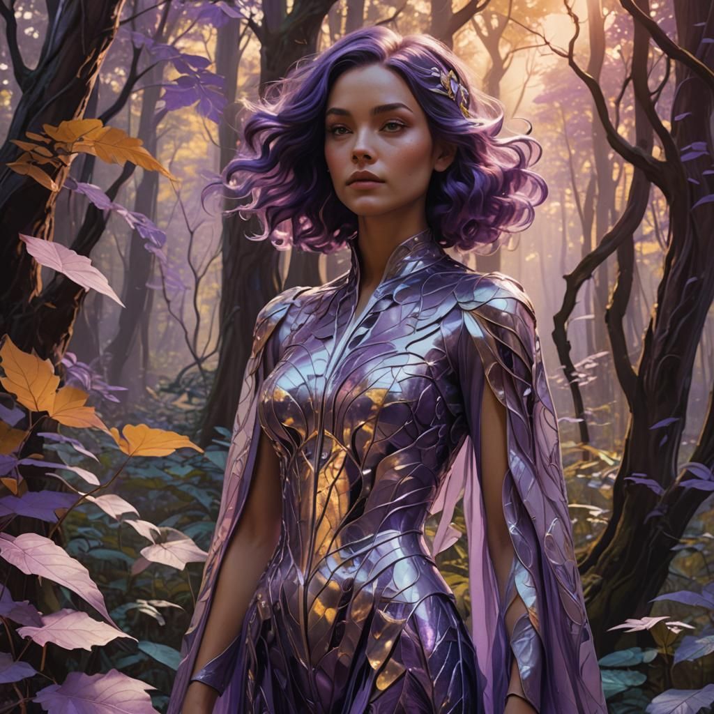 Woman with Purple Leaves in Whimsical Forest