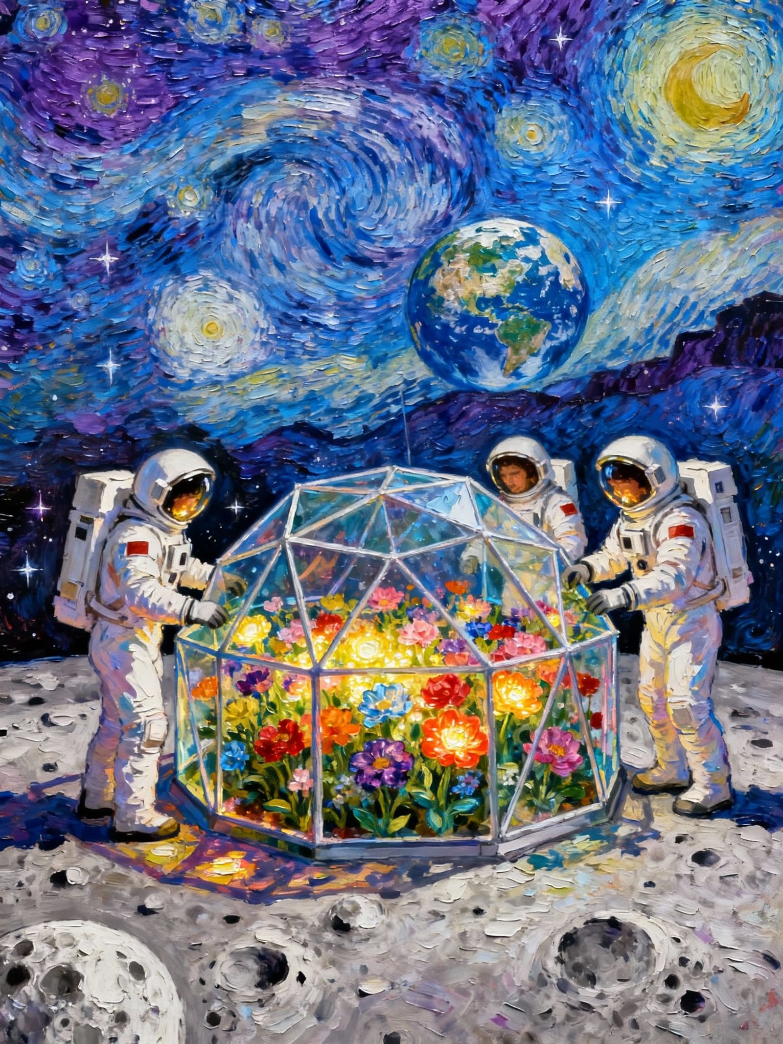 Astronauts Tend Lunar Greenhouse in Psychedelic Style