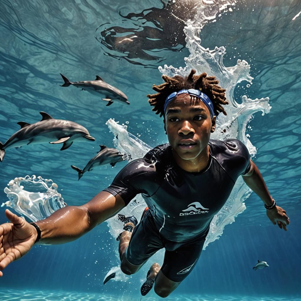 Teen Swimmer Races Dolphins Underwater