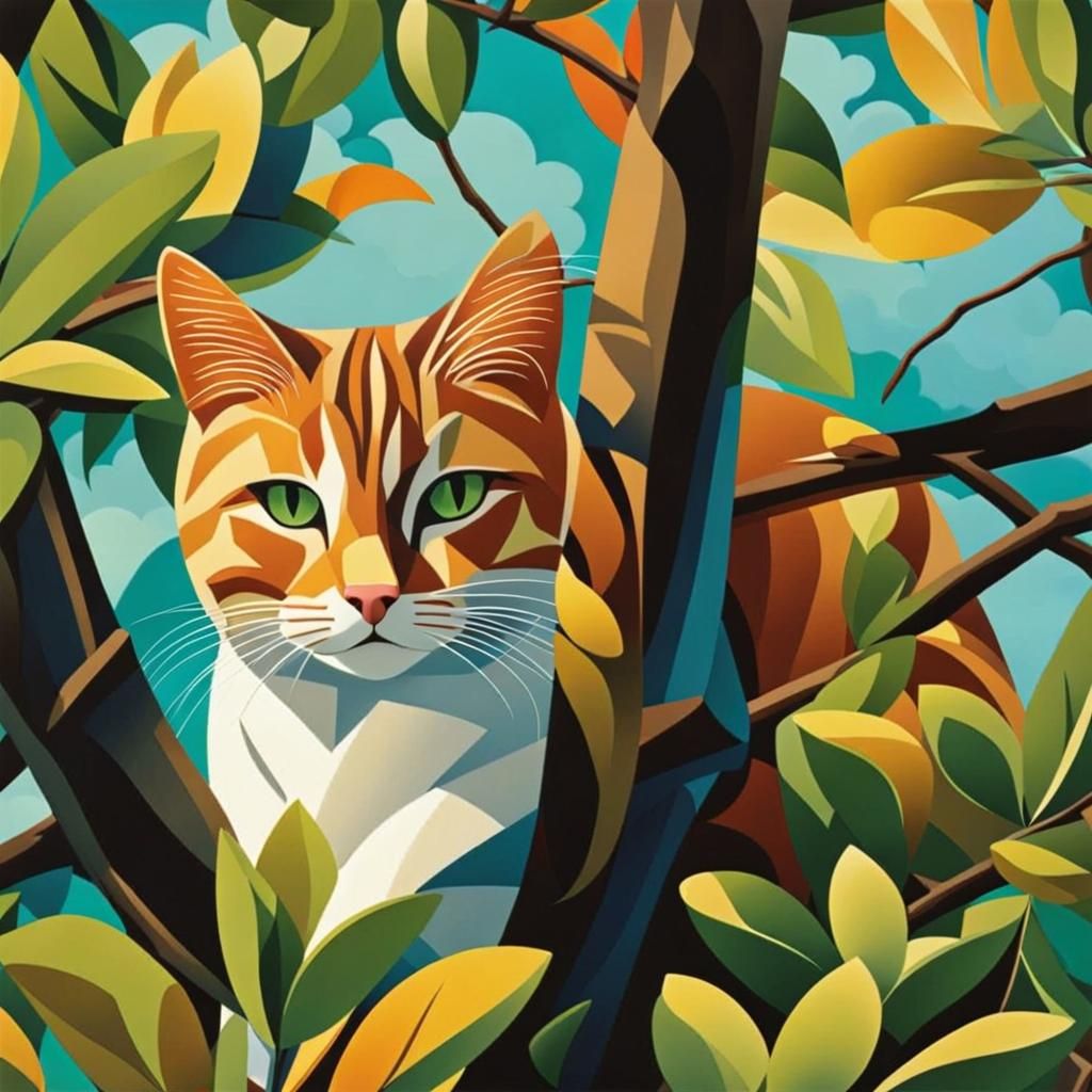 Cat Up a Tree in Cubist Style
