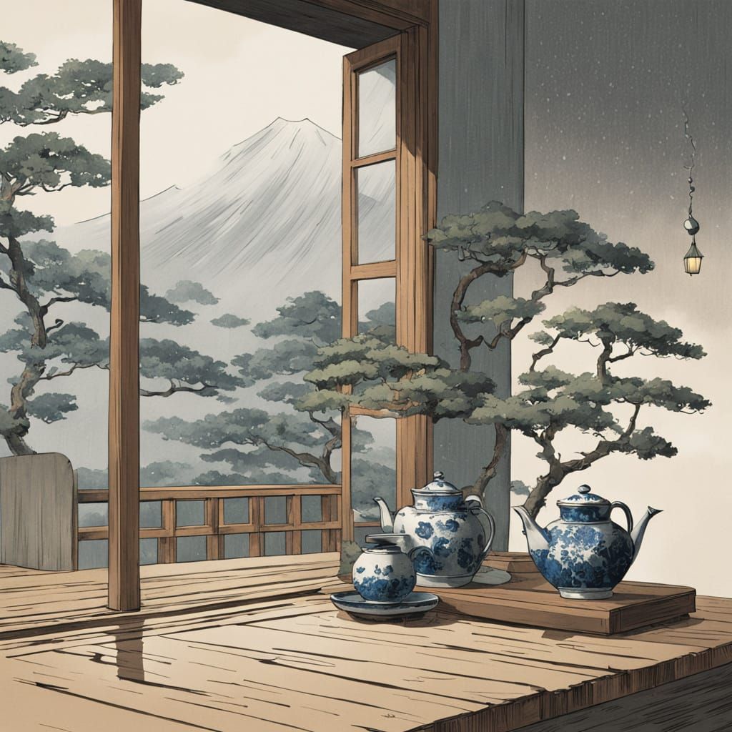 Traditional Japanese Still Life with Potted Plant and Vase i...