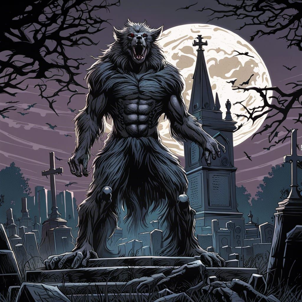 Gothic Werewolf in Victorian Graveyard, Comic Book Art
