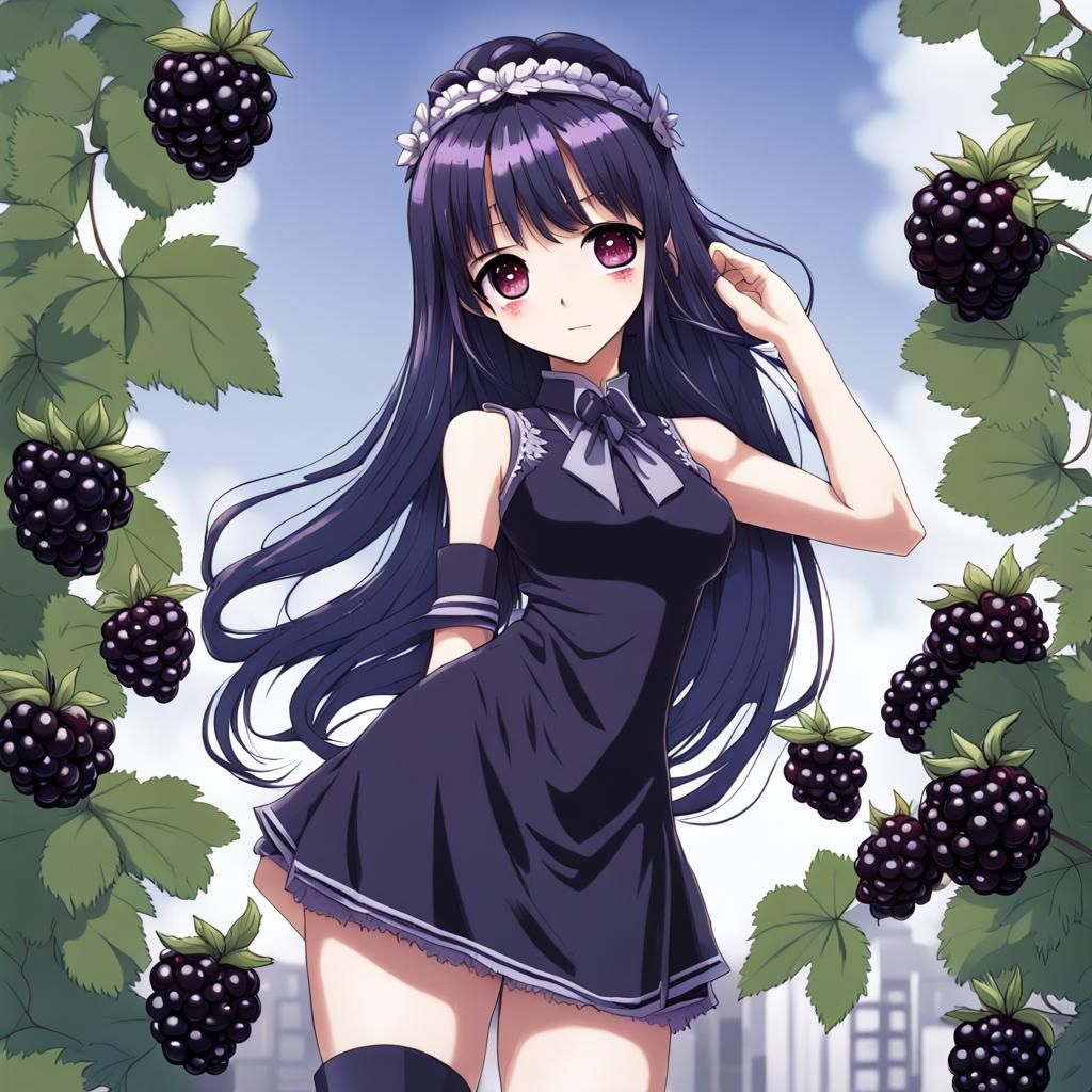 Anime Style Woman with Blackberry Dress