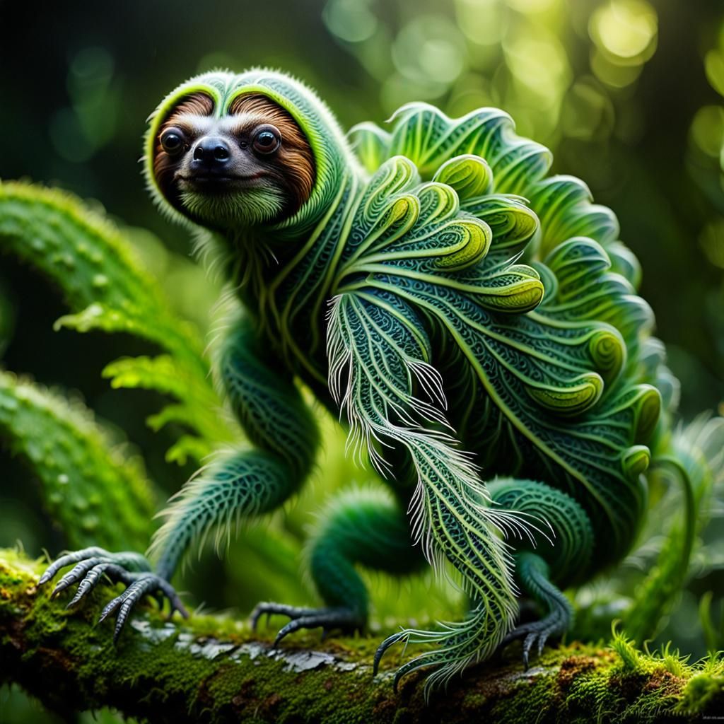 Colorful Sloth-Caterpillar Hybrid in Rainforest