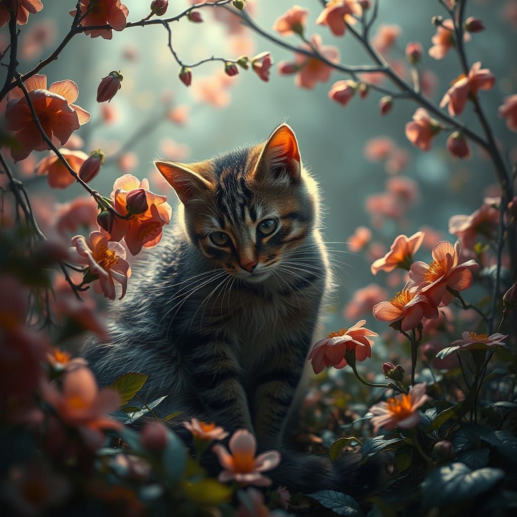Epic Cinematic Boy and Cat in Blooming Landscape