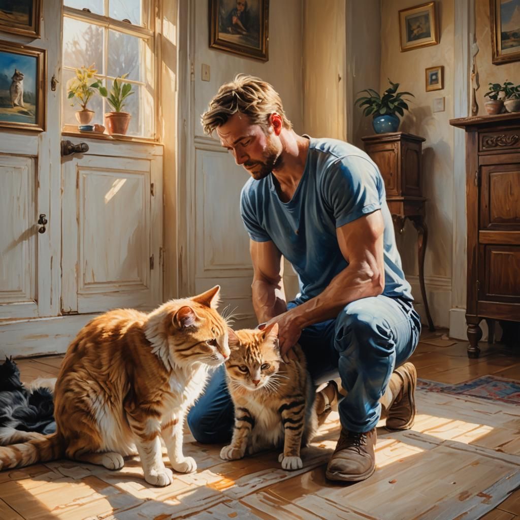 Muscular Man Cries with Cat: Oil Painting