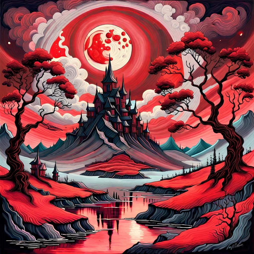 Fantasy Landscape with Red Moon in Vintage Art Style