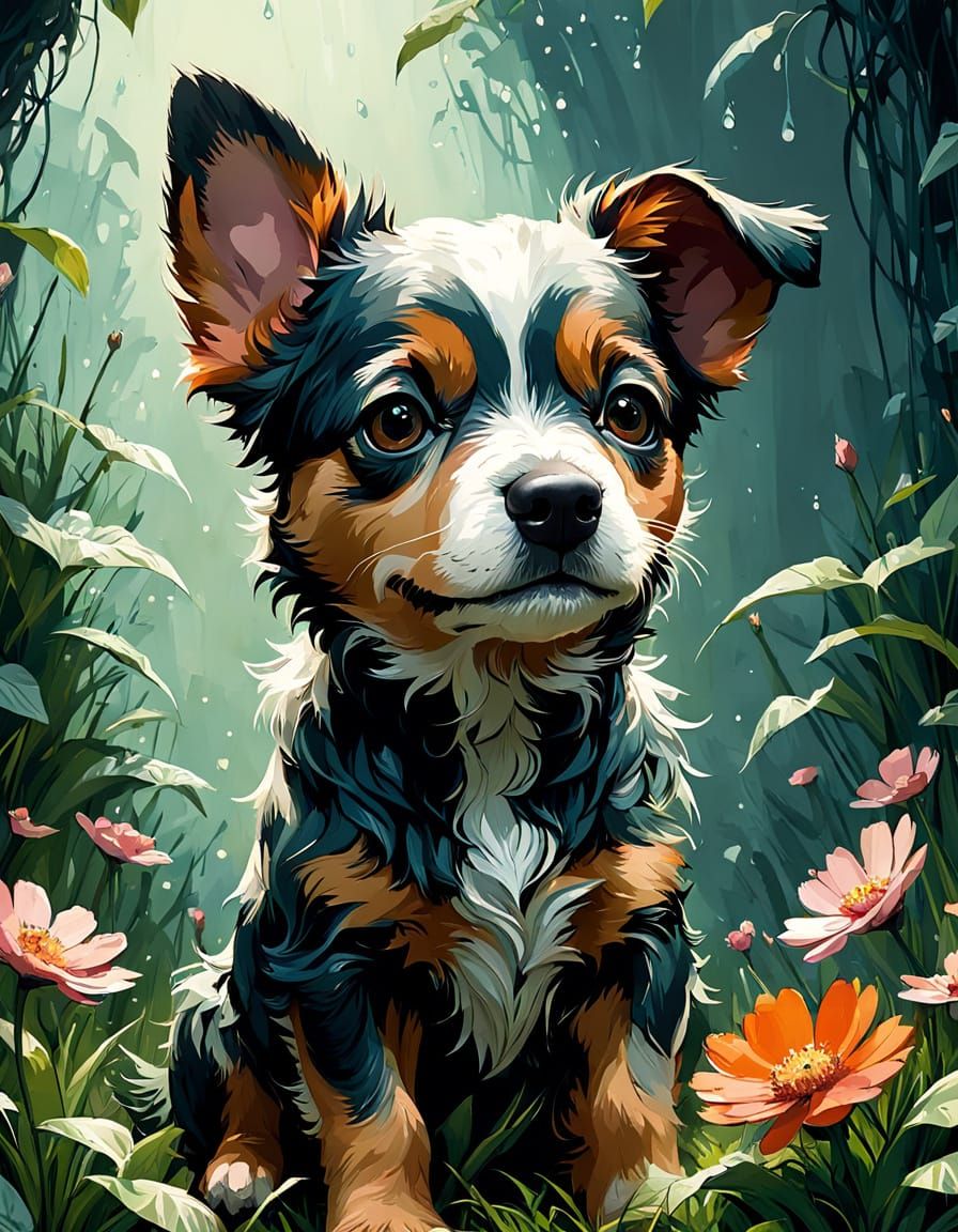 Adorable Schoodle Puppy in Floral Spring, Digital Painting