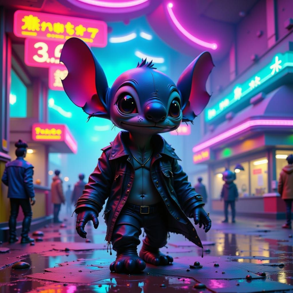 Stitch Lands at Retro-Futuristic Gas Station in Cyberpunk St...