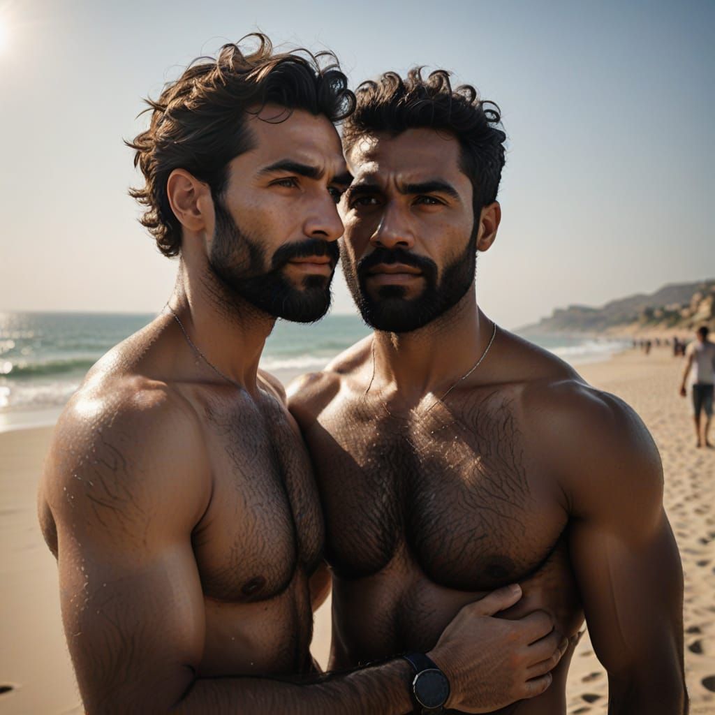 Two Men Embracing on a Warm Beach in a Cinematic Moment