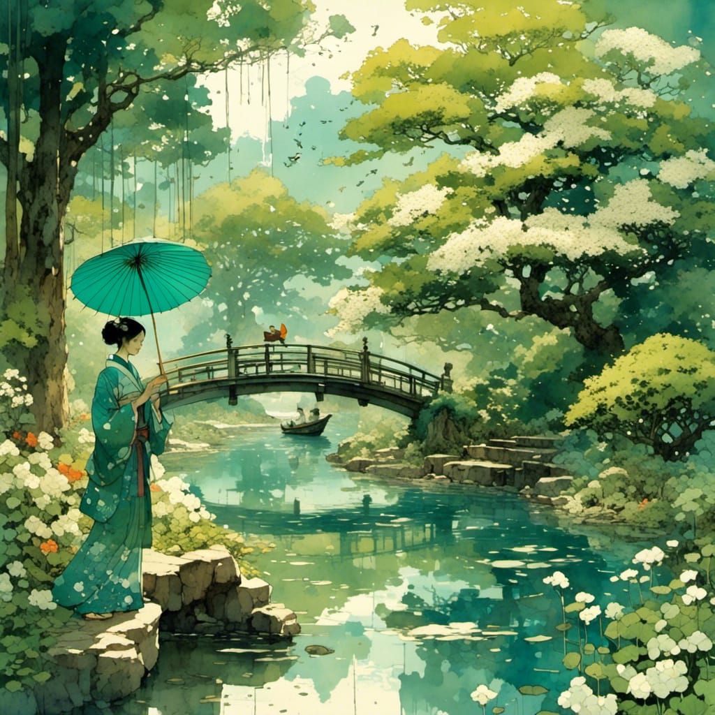 A serene Japanese garden with blooming hydrangeas, a woman i...