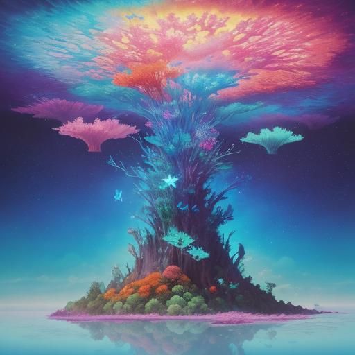 Surreal Flower Landscape with Floating Islands as Oil Painti...