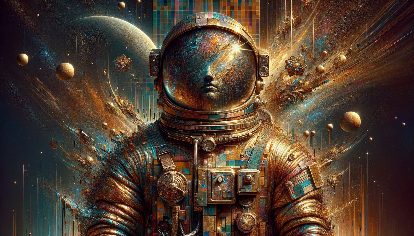 Astronaut in Burnished Suit Amidst Space Dust