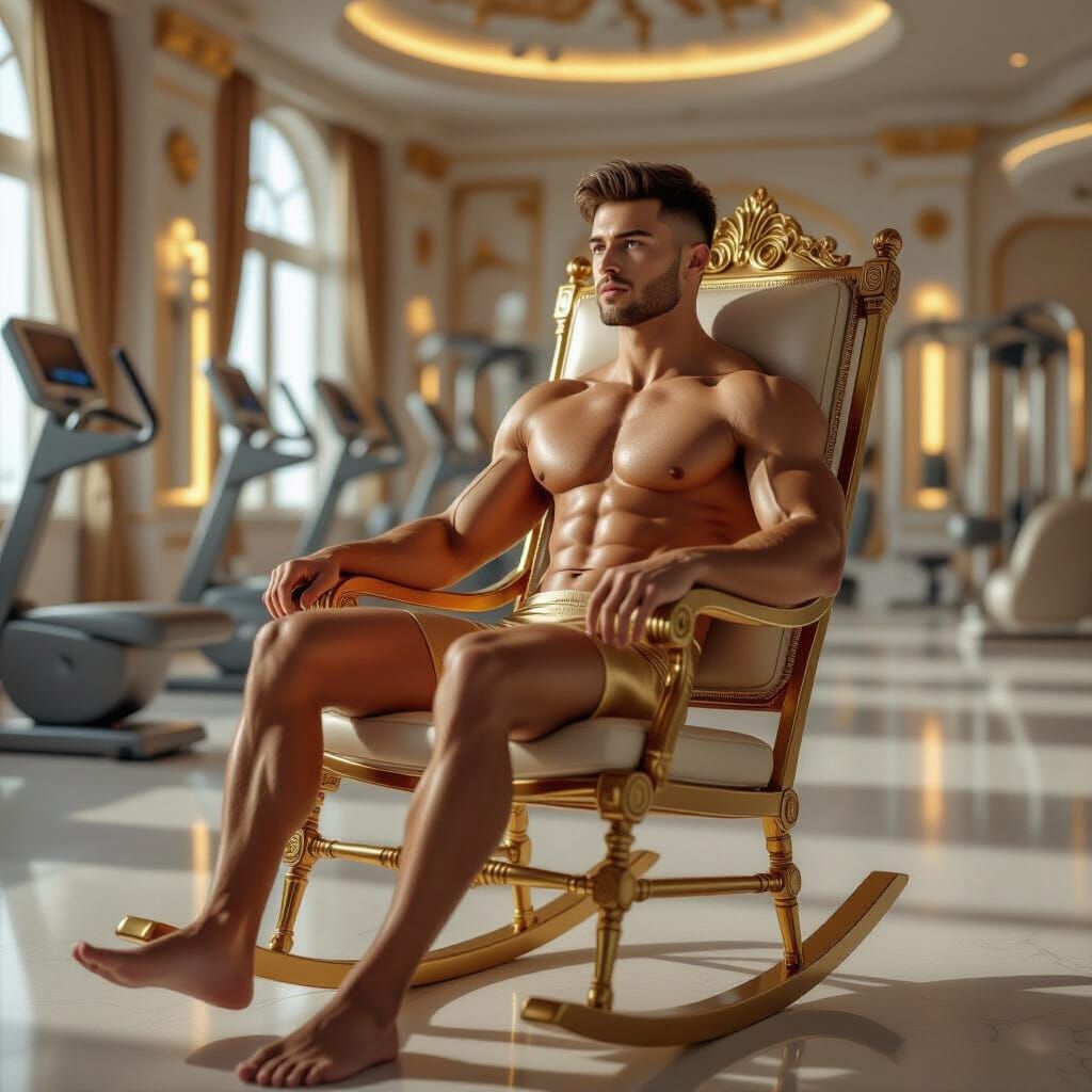 Golden Athlete in Futuristic Gym, Baroque Style
