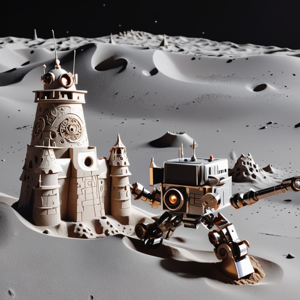 Robot and Gaudi Sandcastle on Lunar Surface