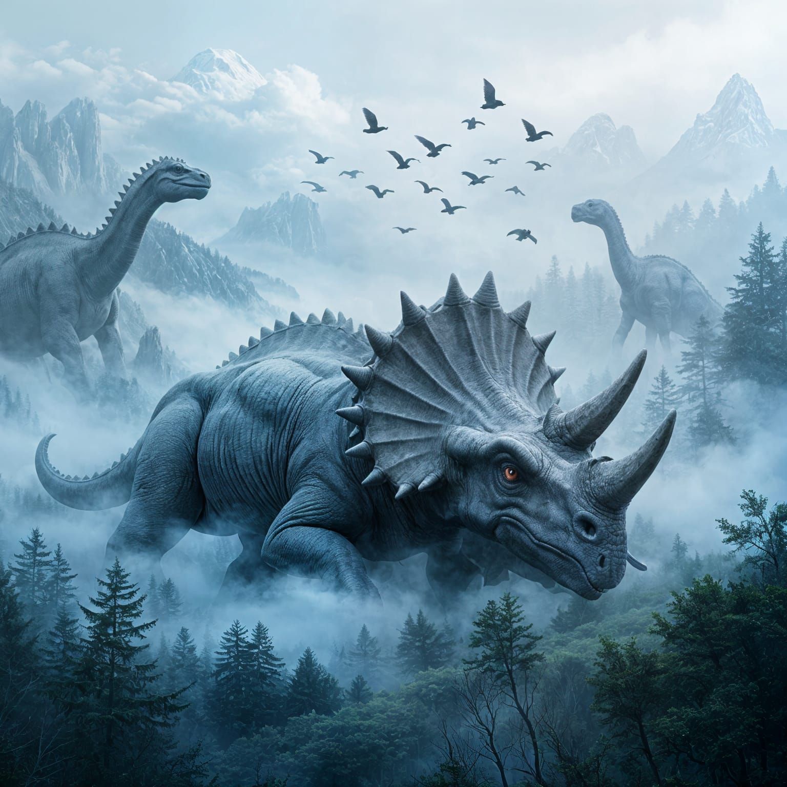 Sleeping Triceratops Merges with Foggy Valley
