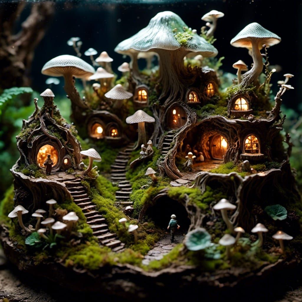 Mushroom Buildings with Little People in Terrarium Style