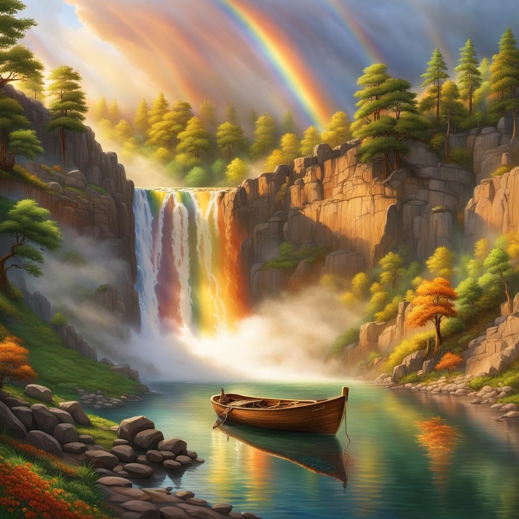 Majestic Waterfall with Rainbow in Hyper-Realistic Style