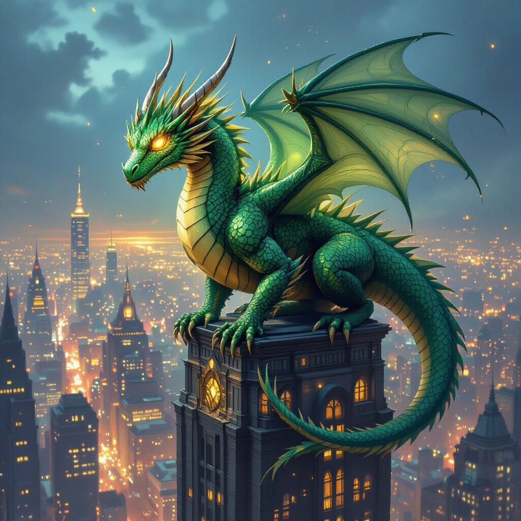 Emerald Dragon on Skyscraper in Fantasy Art Style