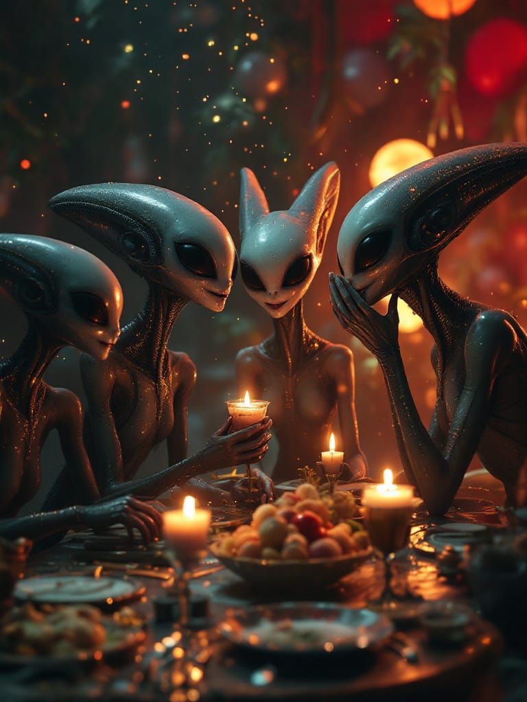 Smiling Aliens and Pets Party in Hyperrealism