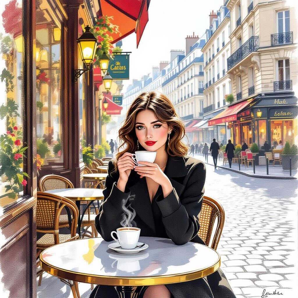 Woman's Coffee Reverie at Parisian Cafe in Impressionist Sty...