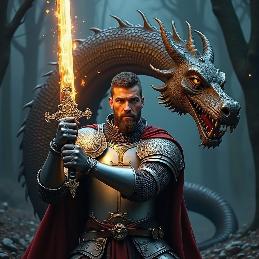 Templar Knight of Fury in Silver Armor, Slashing at a Dragon...