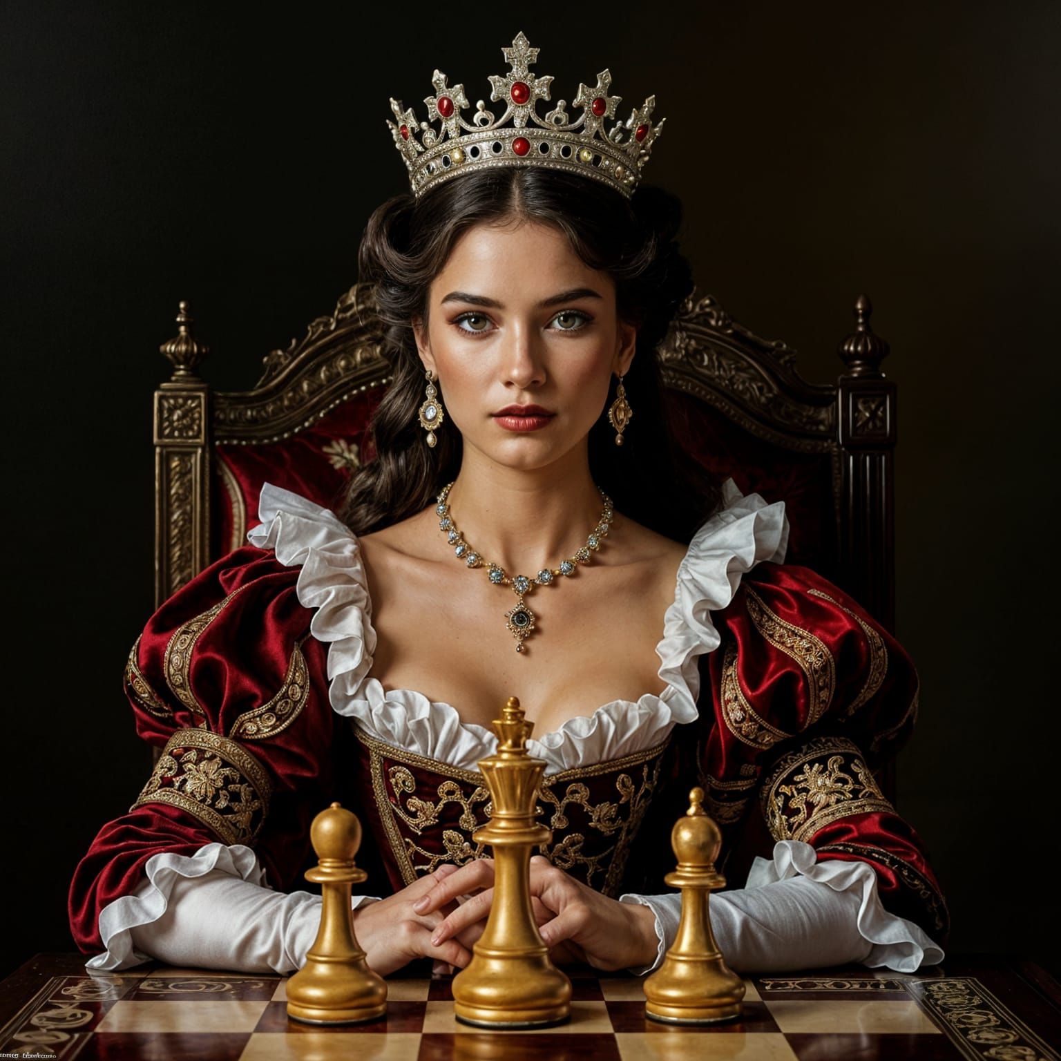 Hyperrealistic Chess Queen in Detailed Court Setting