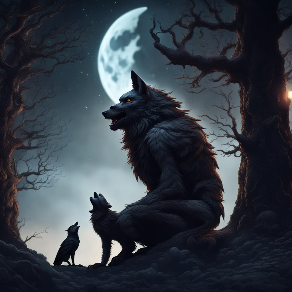 Werewolf Howling at Moon Watched by Witch