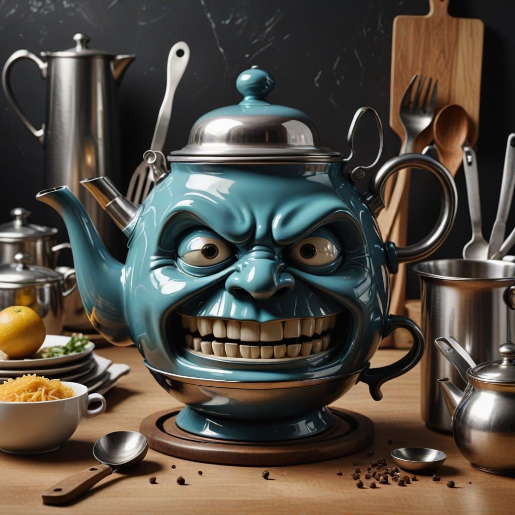Angry Teapot Face Formed from Kitchen Utensils