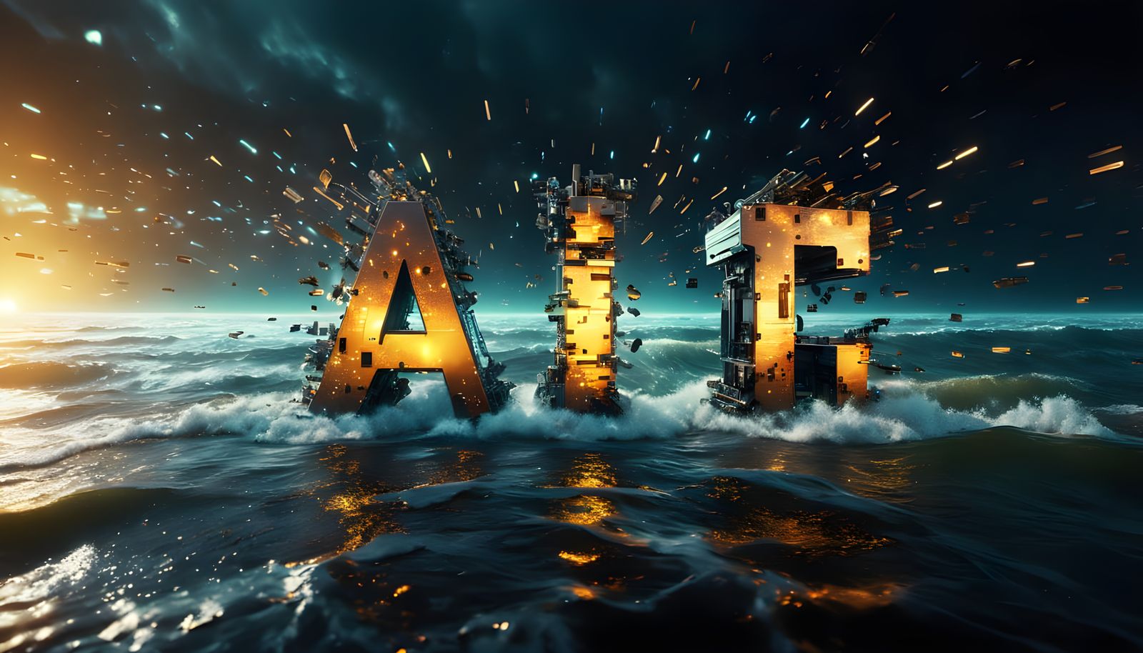 Electronic A.I. Letters Disintegrating into Digital Waterfal...