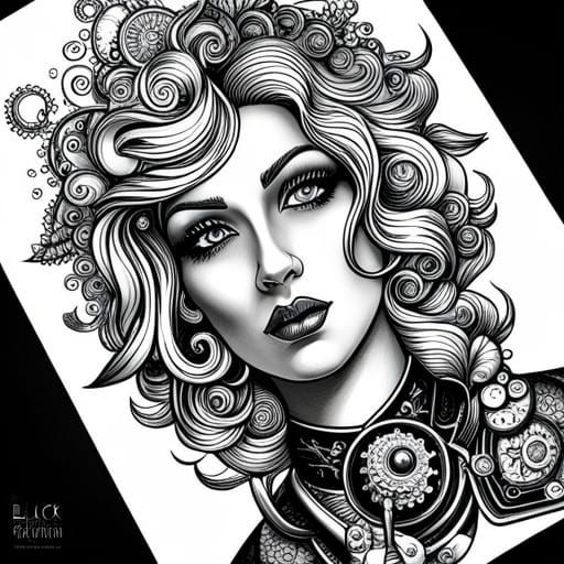 Steampunk Goddess Coloring Page in Black and White