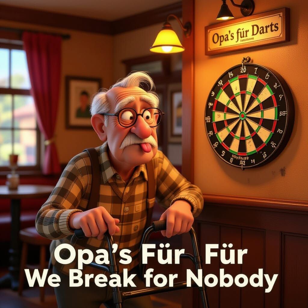 Cozy Pub Scene: Old Man Playing Darts in Pixar Style