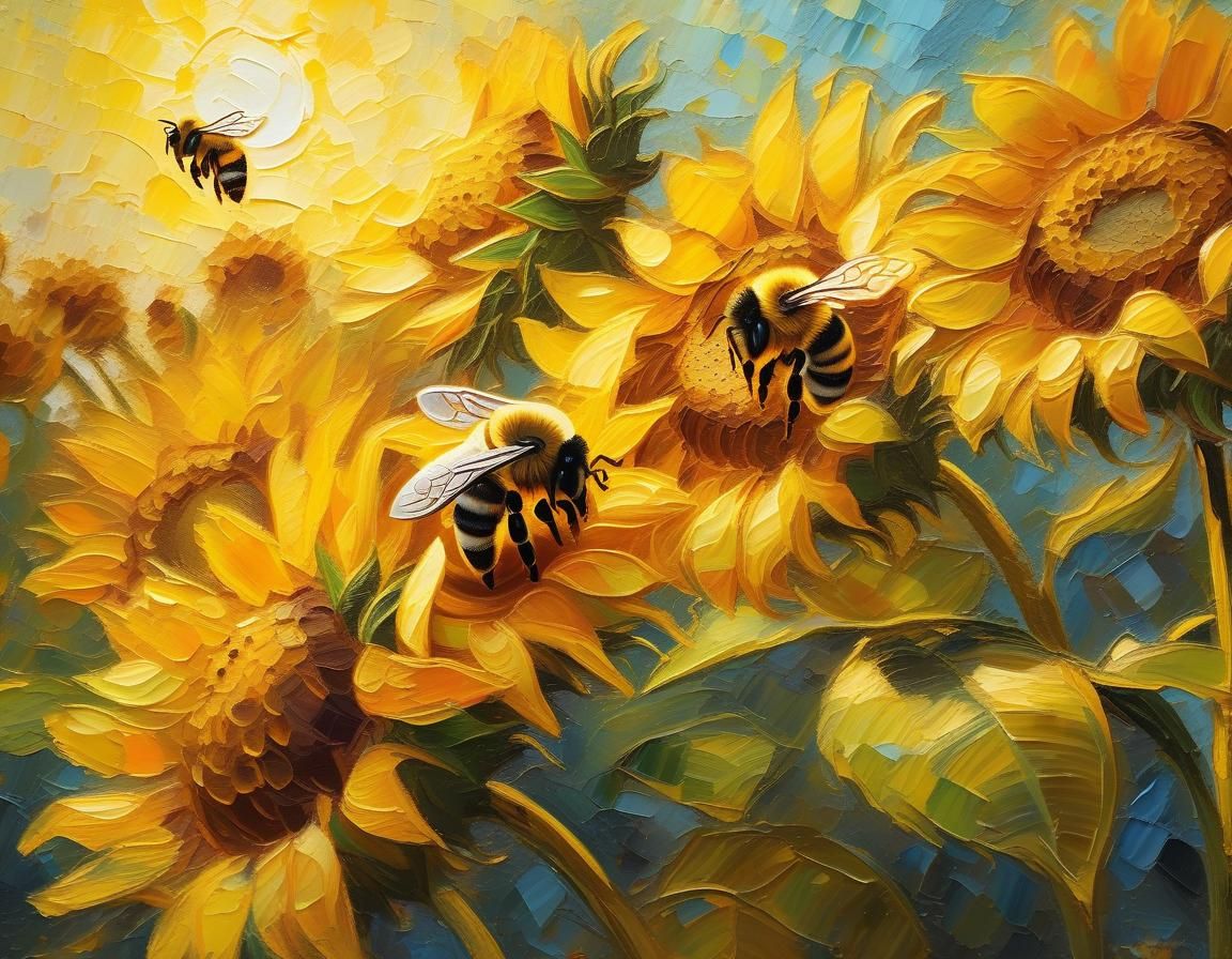 Bees on Sunflower as Impressionist Oil Painting