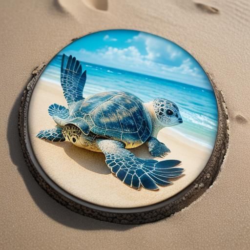 Whimsical Baby Turtle Portrait on Sandy Beach