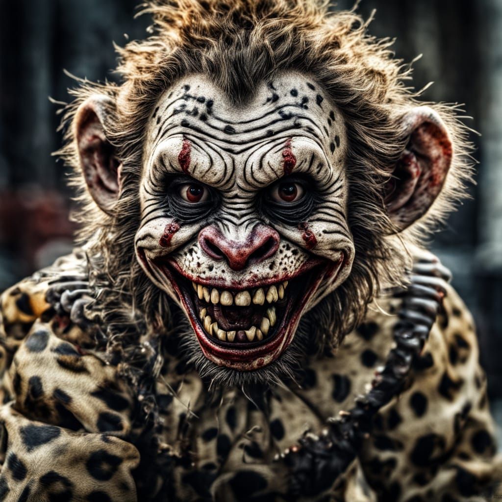 Hyperrealistic Zombie Monkey Clown Portrait in Leopard Print