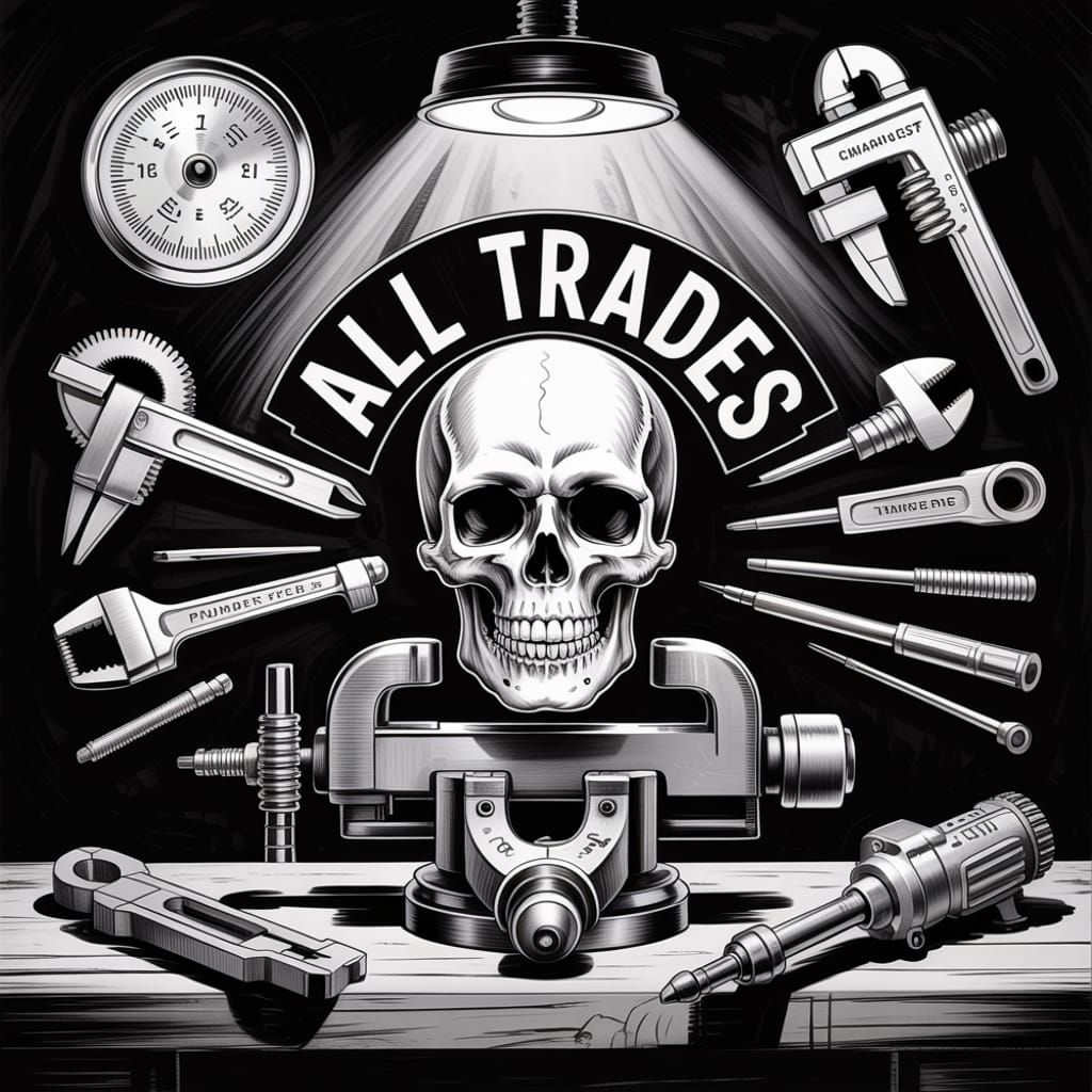 Detailed Charcoal Drawing of an "ALL TRADES" Decal