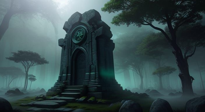 Mysterious Glowing Stone on Altar in Misty Jungle