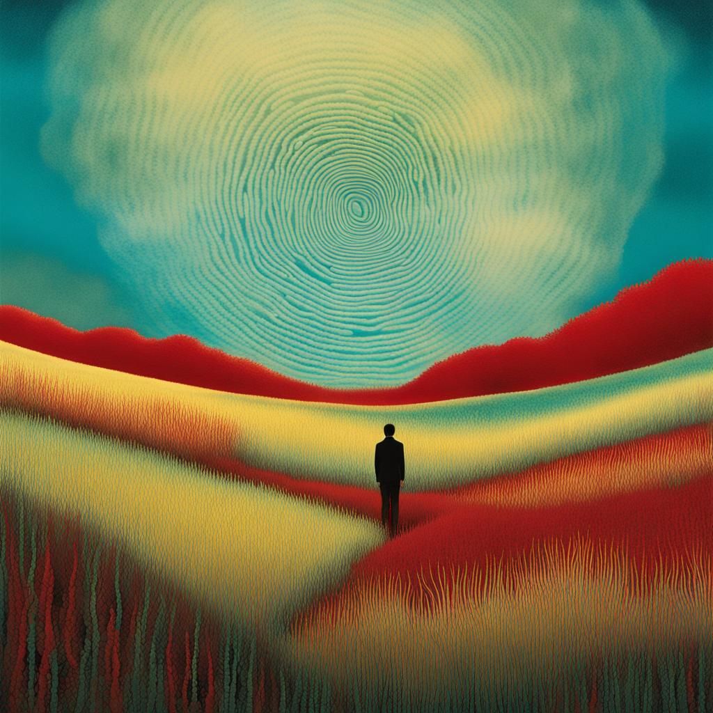 Psychedelic Man in Meadow with Deep Depth of Field