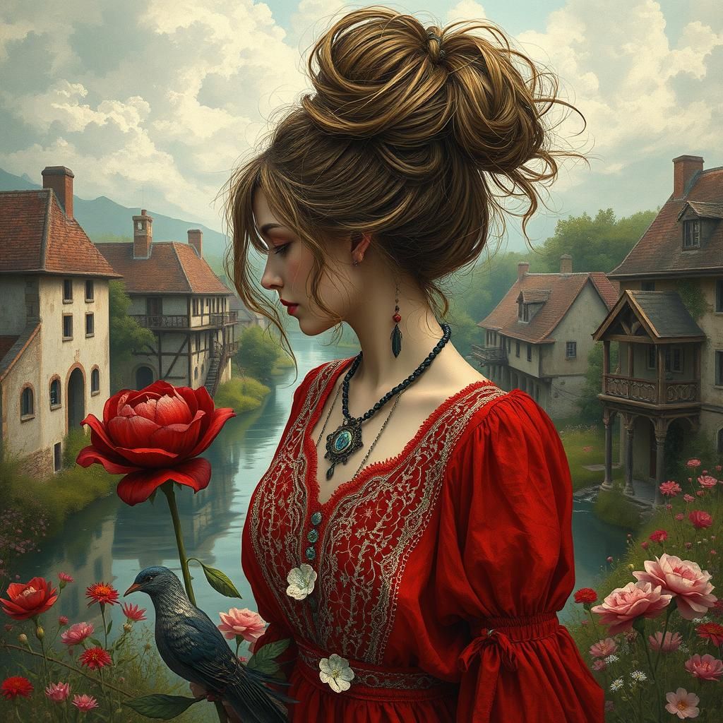 a stunning hair bun, messy, red clothes, boho styles, lace, ...